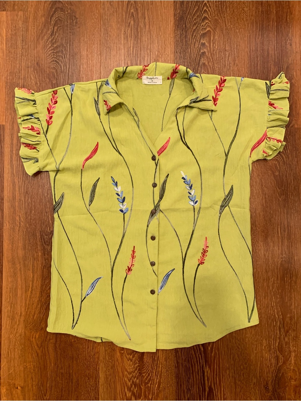 SAPPHIRE Embroidered Button Up Blouse Size M Green Ruffled Short Sleeve Boho